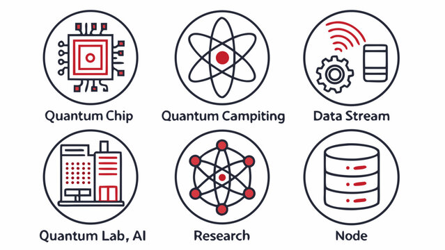 Quantum computing and advanced technology research icon set with computing