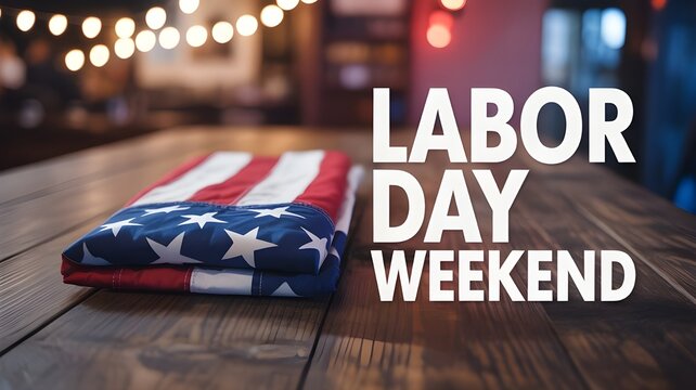 Folded american flag on a rustic wooden table with bokeh string lights in the background, celebrating labor day weekend