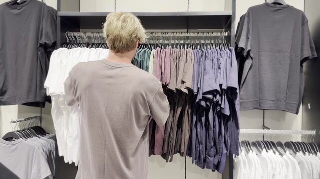 Clothes store in shopping mall.Blurred store aisle with hanging clothing racks