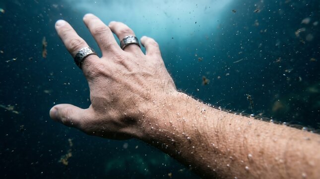 Man's hand reaching out for help in deep murky water