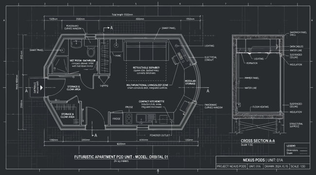 Architectural blueprint of a futuristic modular pod unit with cross section and detailed layout