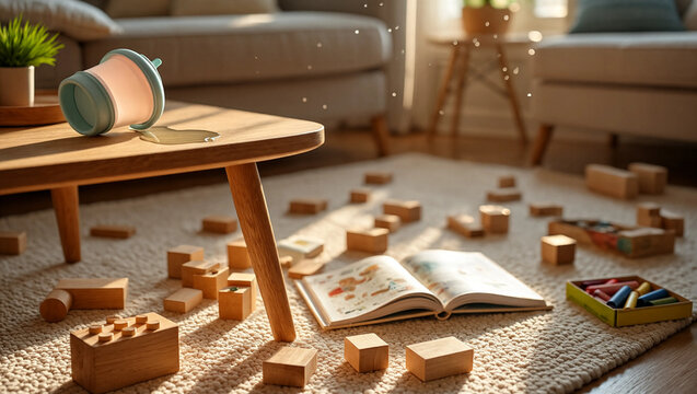 Spilled sippy cup and scattered toys on a messy sunlit living room floor, parenting concept
