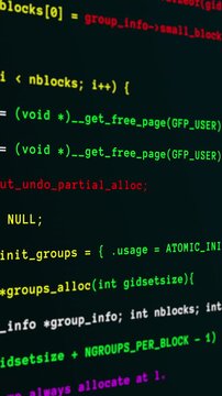 Animated portrait digital screen showing scrolling green and red software programming code for development concepts.