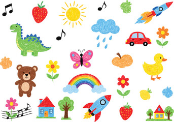 Obraz premium Hand drawn crayon illustration set for child friendly designs with handdrawn stickers children colorful strawberry dinosaur butterfly illustration isolated education childhood creativity