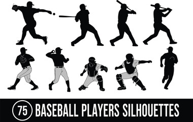 Fototapeta premium Set of 75 baseball players silhouettes in various action poses including batting pitching and fielding with baseball silhouette collection throwing fielding catching equipment competition