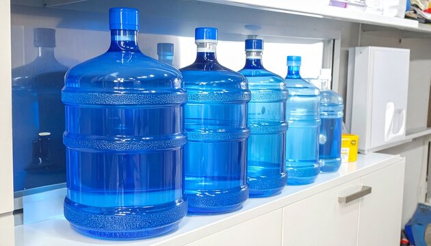 Large Blue Water Gallons Lined Up on a Shelf