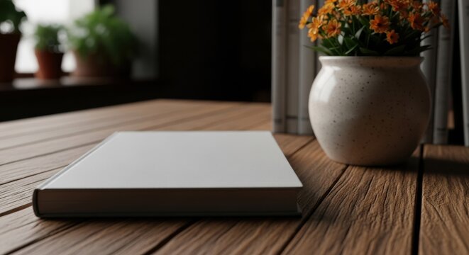 Blank White Hardcover Book Mockup on Rustic Wooden Desk with Flowers, Professional Publishing and Branding Template Concept