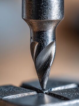 Extreme close-up of a sharp metal drill bit poised precisely over a metal surface with intersecting textured grooves for industrial machining tasks