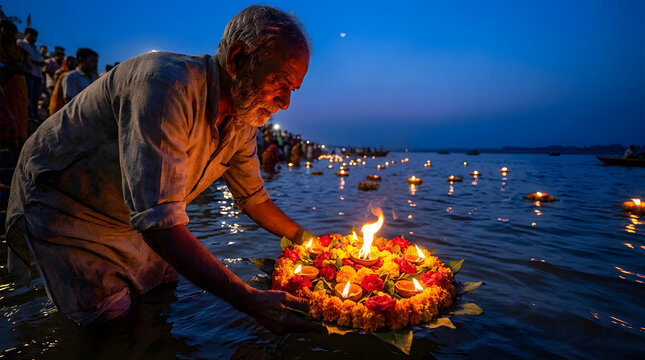 Ganga dussehra celebration with man offering diya in river ganges
