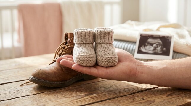 Closeup of a man holding tiny knitted baby booties with a sonogram in the background