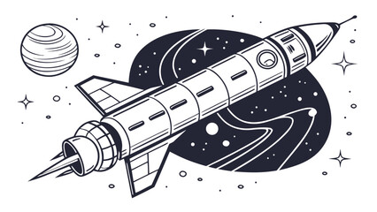 Vintage style rocket ship launching into deep space with planets, exploration © TWINS