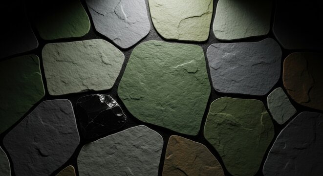 Textured Flagstone Tiles in Earthy Green and Grey Tones with Dramatic Lighting for Luxury Interior Design and Spa Floor Background.