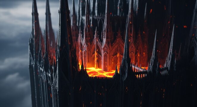 Dark Gothic Fortress Spire Glowing with Molten Lava in Hellscape, Epic Fantasy Concept Art for Gaming and Cinematic Backgrounds