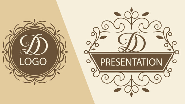Elegant decorative circular monogram frames with floral details, monogram