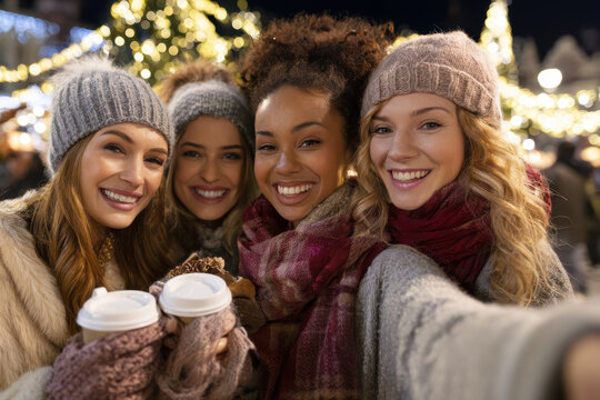 group of friends enjoying festive atmosphere at christmas market joyful selfies together