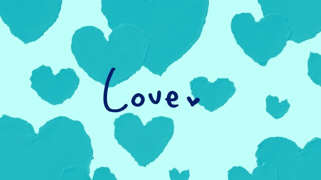 恋・バレンタイン・ちぎり絵風のハート背景・左から右へスライドする「Love」ロゴと点滅アクセント