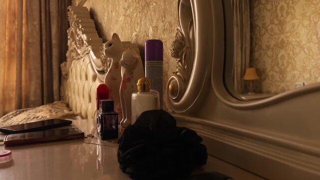 Close-up of vintage vanity table with mirror in bedroom