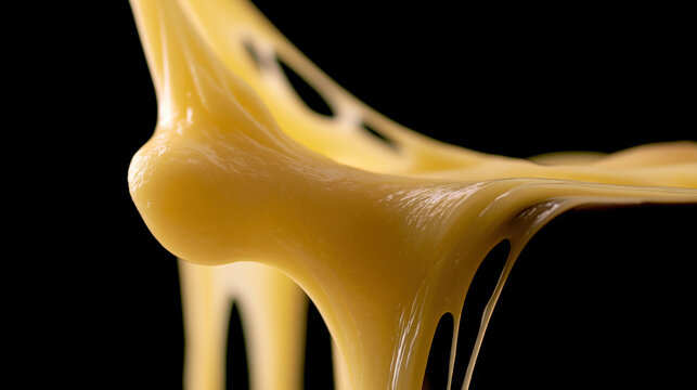 Golden cheese string stretches invitingly on a dark background