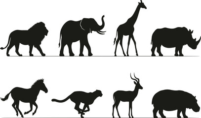Fototapeta premium African safari animal silhouettes set featuring lion elephant giraffe rhinoceros zebra cheetah gazelle and hippopotamus isolated on white safari animal silhouettes set featuring lion elephant giraffe 