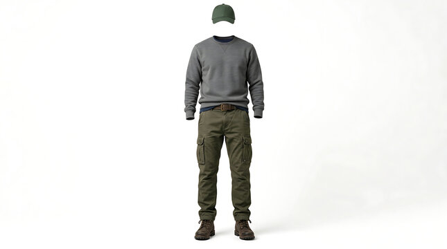Man, adult male, faceless person, standing, gray sweatshirt, green pants, illustration
