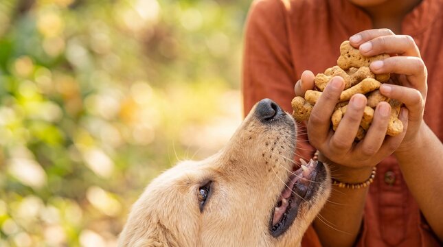 A caring owner offers a pile of dog treats to their eager golden retriever, fostering a moment of trust and connection outdoors.