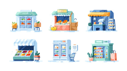 Fototapeta premium Collection Of Six Small Grocery Stores And Market Stalls Featuring Fresh Produce And Refrigerated