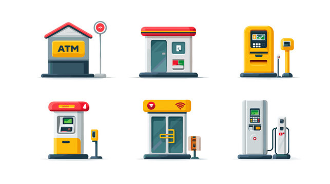 Collection of Various Automated Teller Machines and Service Booths in a Flat Design Style