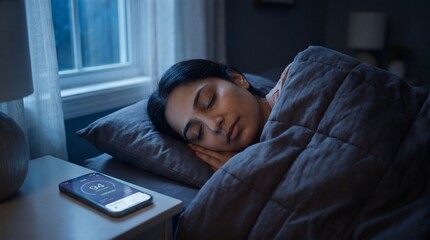 Fototapeta premium A young woman sleeps soundly in her bed as a smartphone on her nightstand displays a sleep tracking app, suggesting a peaceful night's rest.