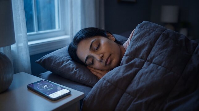 A young woman sleeps soundly in her bed as a smartphone on her nightstand displays a sleep tracking app, suggesting a peaceful night's rest.