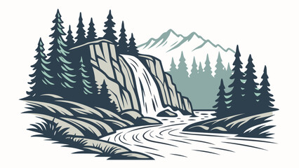 Mountain waterfall landscape vector illustration in vintage style with waterfall © Usa