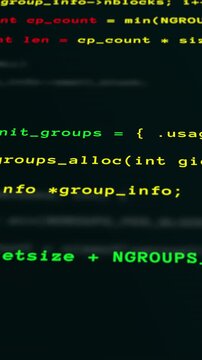 Dark portrait terminal console interface displaying secure code syntax and back-end programming database information.