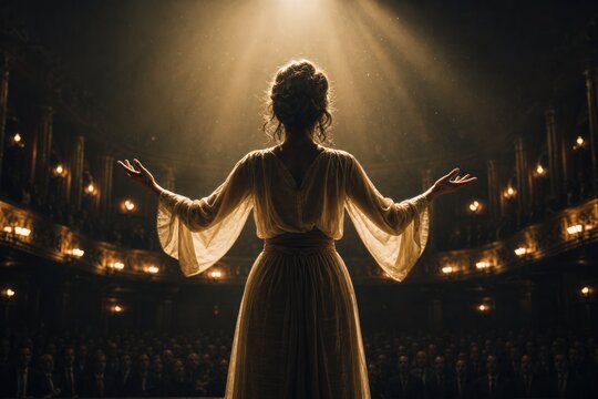 Dramatic theater stage performance silhouette, actress under warm spotlight, vintage auditorium lights for arts promotion isolated PNG with Transparent Background