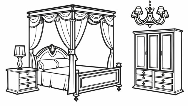 Classic bedroom furniture set line art with canopy bed wardrobe and chandelier