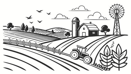 Rural farm landscape with tractor and windmill drawing landscape windmill © Usa