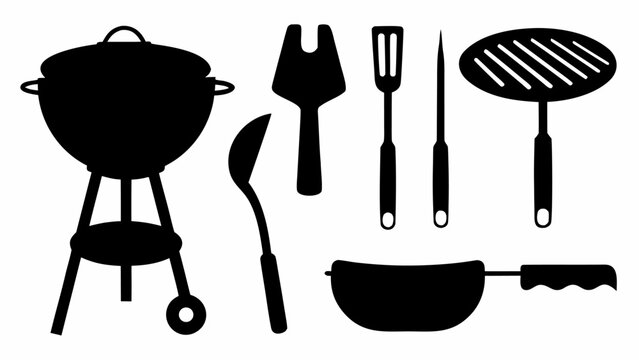 Set of barbecue grill and cooking tools silhouettes, including spatula, tongs, fork, and pan
