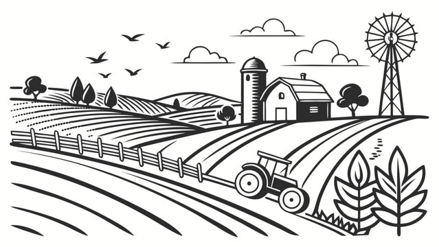 Rural farm landscape with tractor and windmill drawing landscape windmill