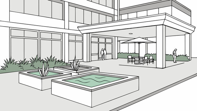 Exterior courtyard view of modern office building entrance with building