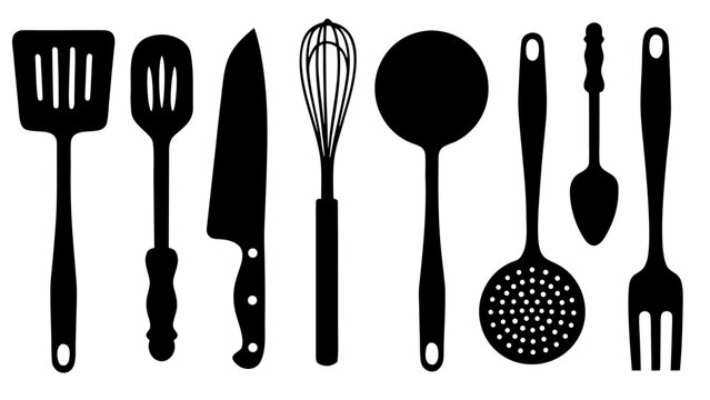Set of kitchen utensils silhouettes, including spatula, knife, whisk, ladle, skimmer, spoon and fork
