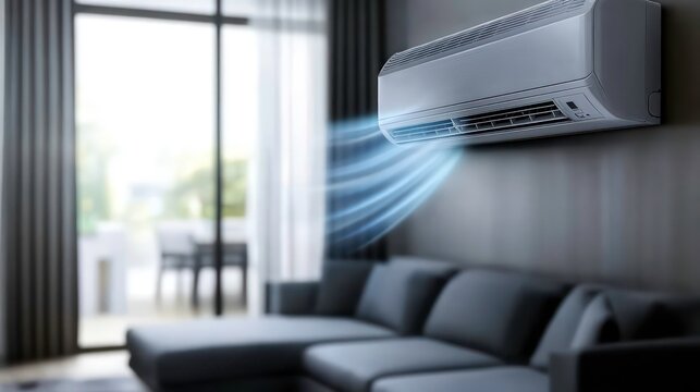 A modern air conditioner mounted on a wall in a living room, blowing cool air, with a sofa in the foreground and a window with curtains in the background.