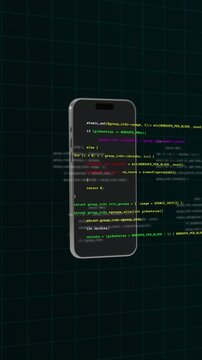 Portrait mobile phone screen tracking smart coding syntax application data with floating developer interface grids.