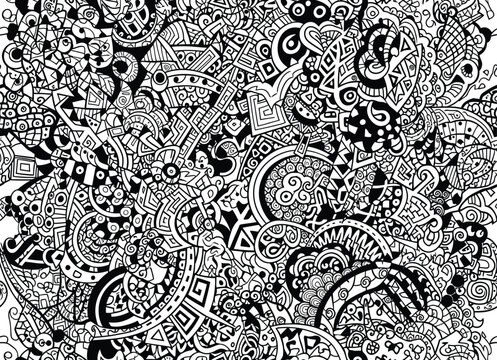 Intricate hand drawn doodle pattern, black and white zentangle vector background, abstract psychedelic line art texture for coloring book