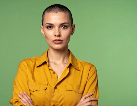 Woman with buzzed hair, wearing a yellow shirt, poses against a green background with arms crossed