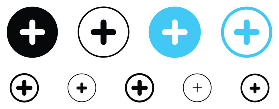 Add Plus Icon Symbol Set featuring create icons and more button designs in filled, thin line, outline and stroke styles for apps and websites