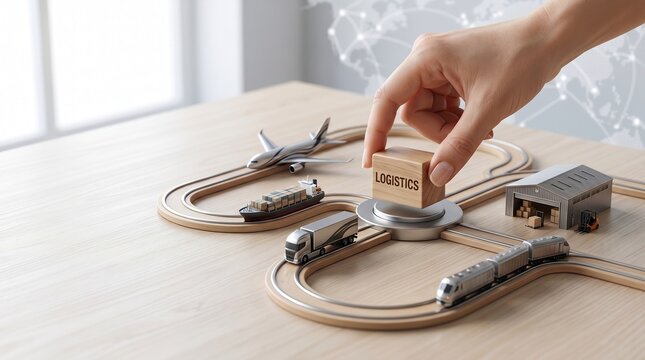 A hand places a wooden block labeled logistics at the center of a miniature transport network