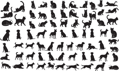 Fototapeta premium Cats and dogs silhouettes, pet animal vector set, sitting running playing poses, and black silhouette collection.