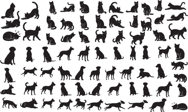 Cats and dogs silhouettes, pet animal vector set, sitting running playing poses, and black silhouette collection.