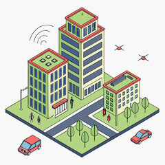 Naklejka premium Isometric urban city scene with buildings and autonomous drones, isometric