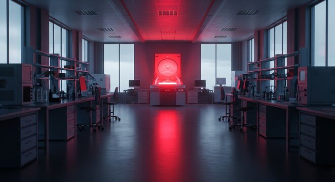 Futuristic laboratory interior with glowing red scientific equipment