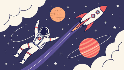Fototapeta premium Astronaut floating in space with rocket ship and planets flat vector, astronaut