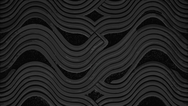 Wavy lines and diamond shapes form an abstract monochromatic pattern with a dark background curved sinusoidal diamonds rhombus